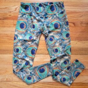 Womens Peacock Feather Leggings Vibrant Blue Green Print Stretchy Yoga Pants M/L